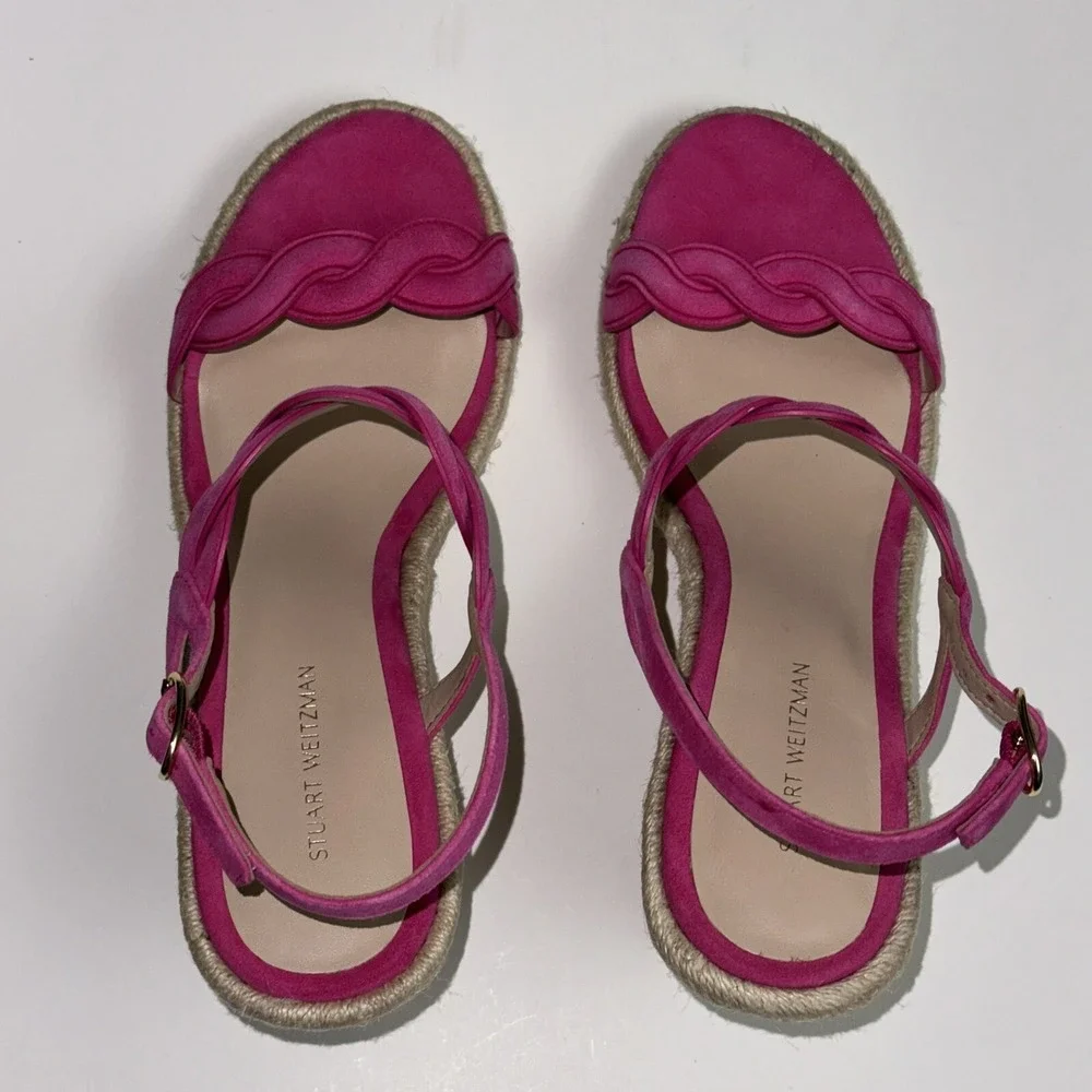 Stuart Weitzman Espadrille wedge suede sandals Twist Buckle Pink Women's 6.5